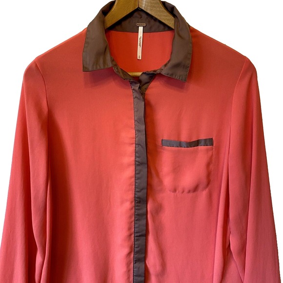 Free People Blouse Top‎ Small Coral Sheer Long Sleeve Button Up Oversized - Picture 1 of 10